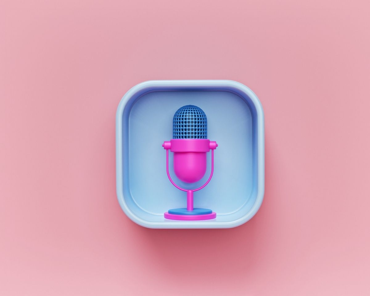 Podcast microphone in small blue box