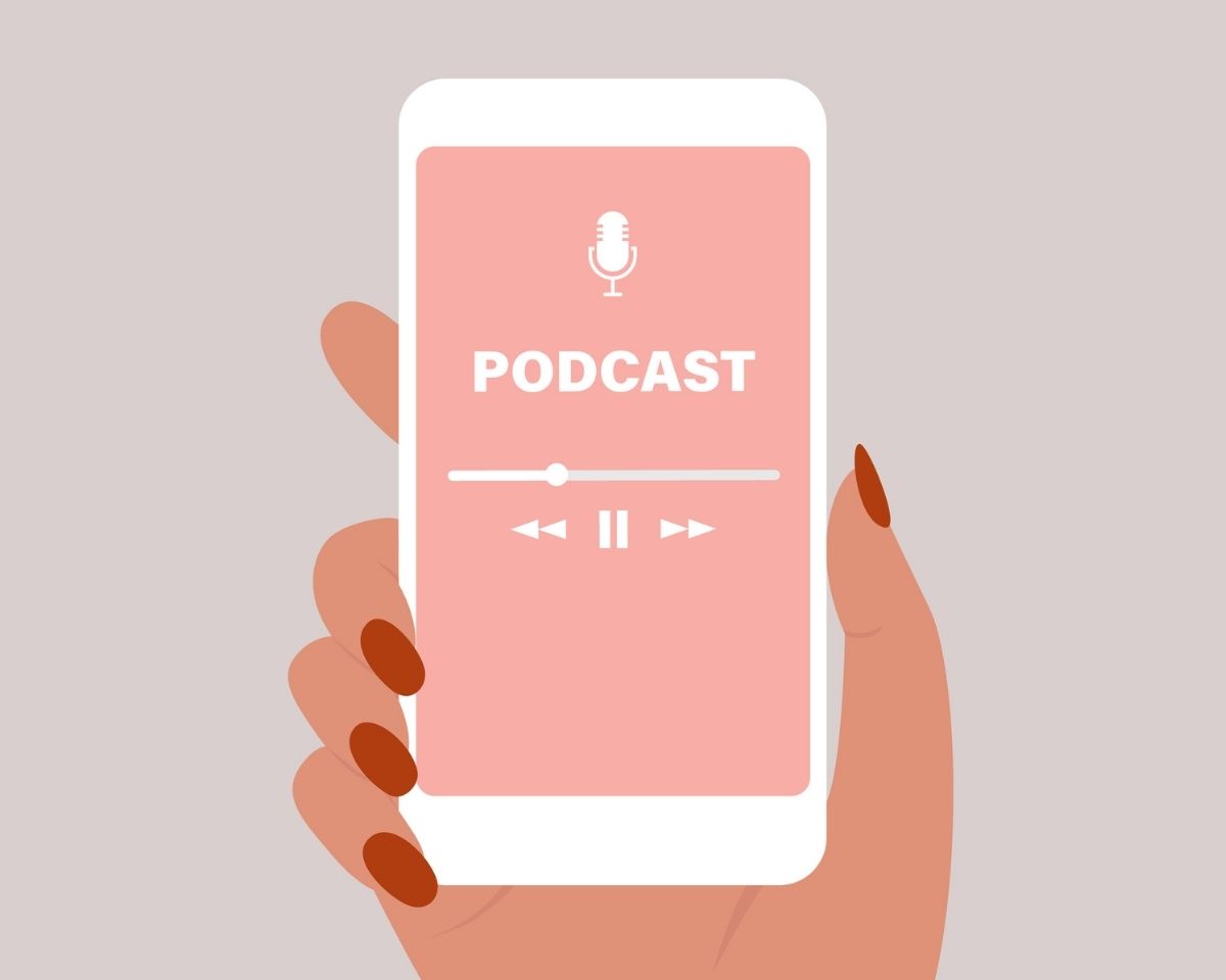 Illustration of woman's hand holding a phone open to a podcast app