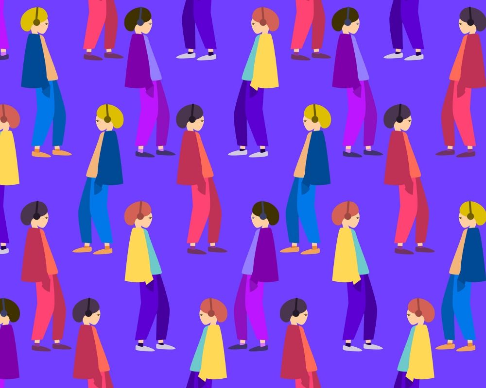 Crowd of people listening to podcasts