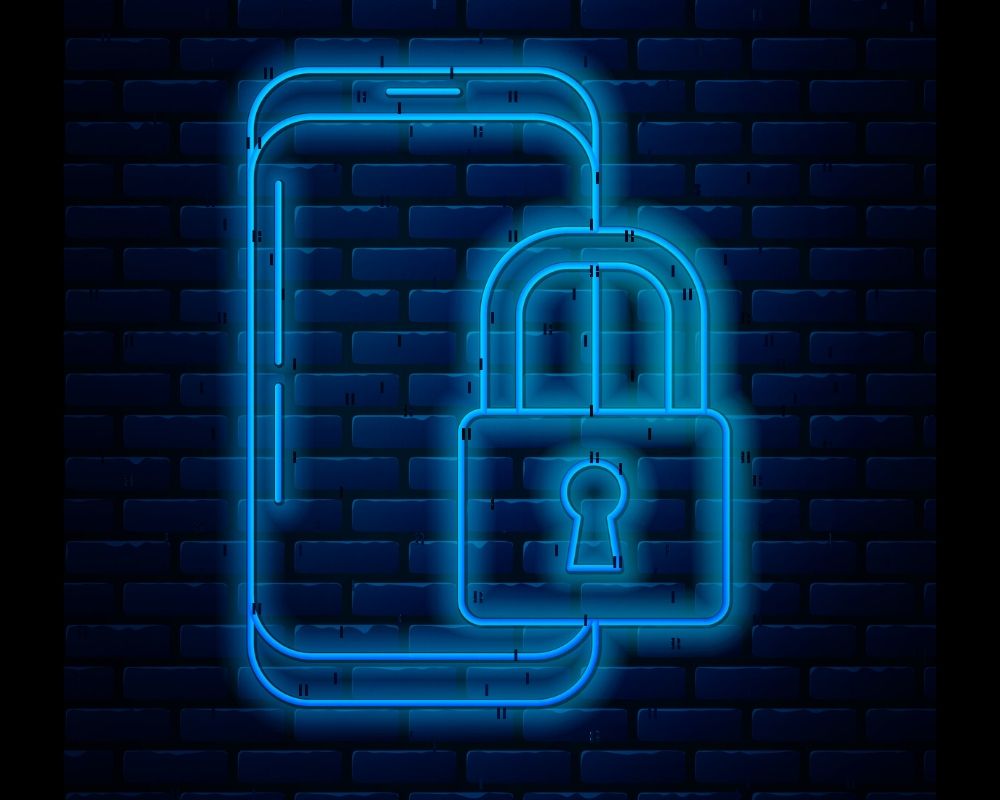 Neon drawing of a mobile phone and lock