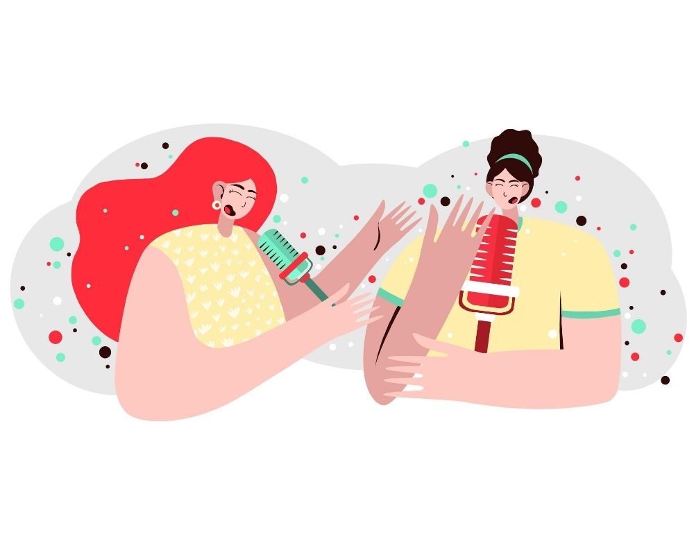 Cartoon of two women laughing on a podcast