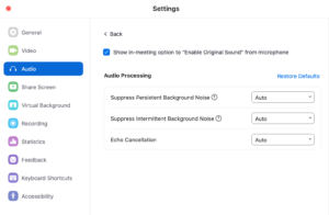 Screenshot of settings inside Zoom to record original sound