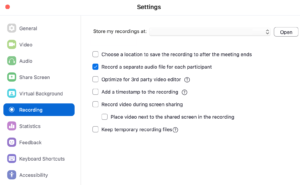 Screenshot of settings inside Zoom to record separate audio tracks