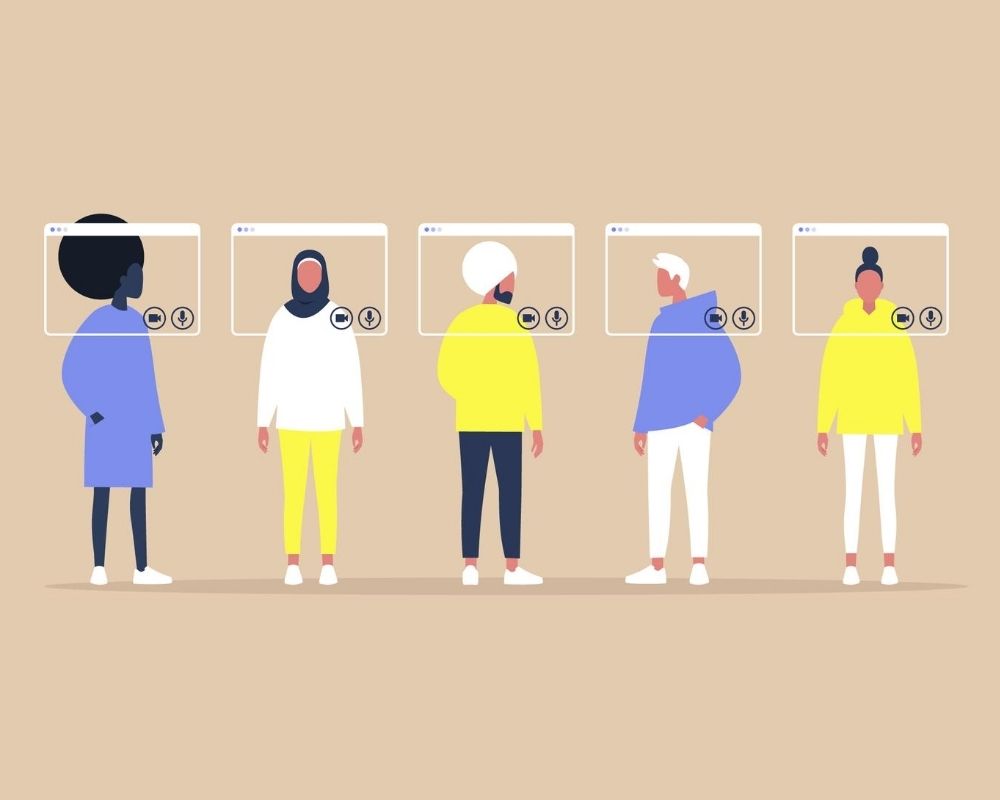 Group video call, virtual window frames, young characters having an online meeting