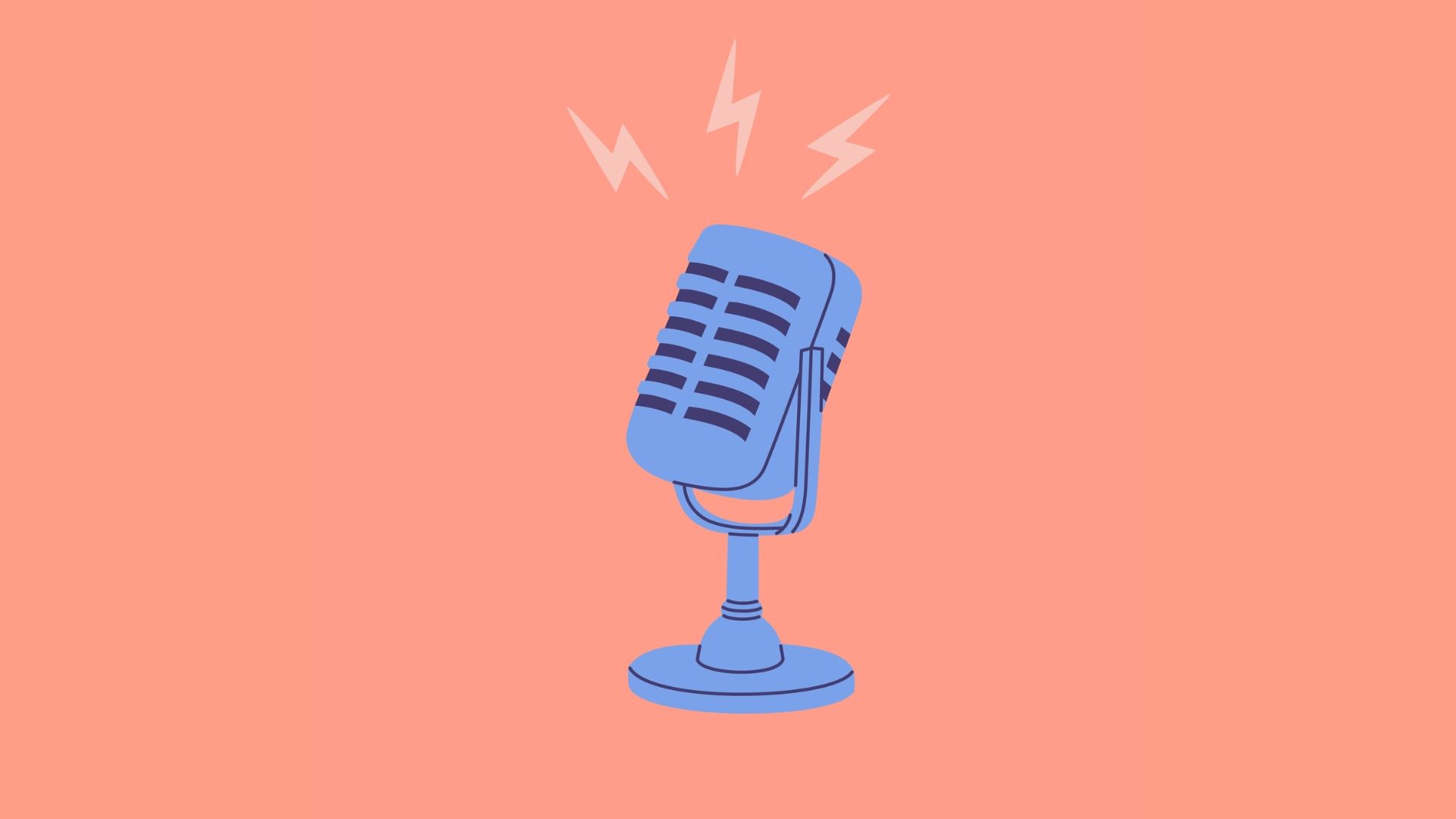 Illustration of a vintage-style purple podcast microphone with sound lines on a peach background, representing podcasting and audio recording.