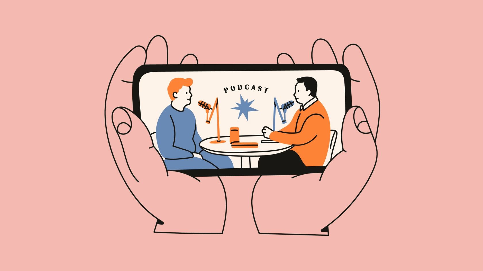 Illustration of hands holding a phone watching a video podcast