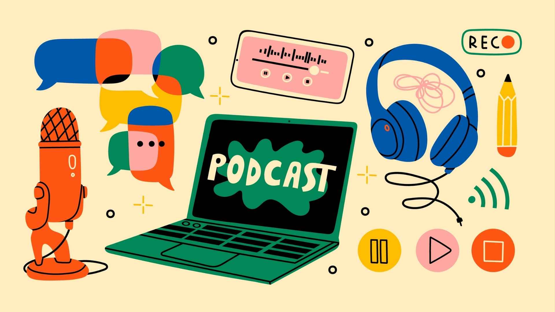 Illustration of podcasting tools including a microphone, laptop with the word "Podcast" on screen, headphones, recording icons, a pencil, and colourful speech bubbles, representing the elements of creating a podcast and building a brand.