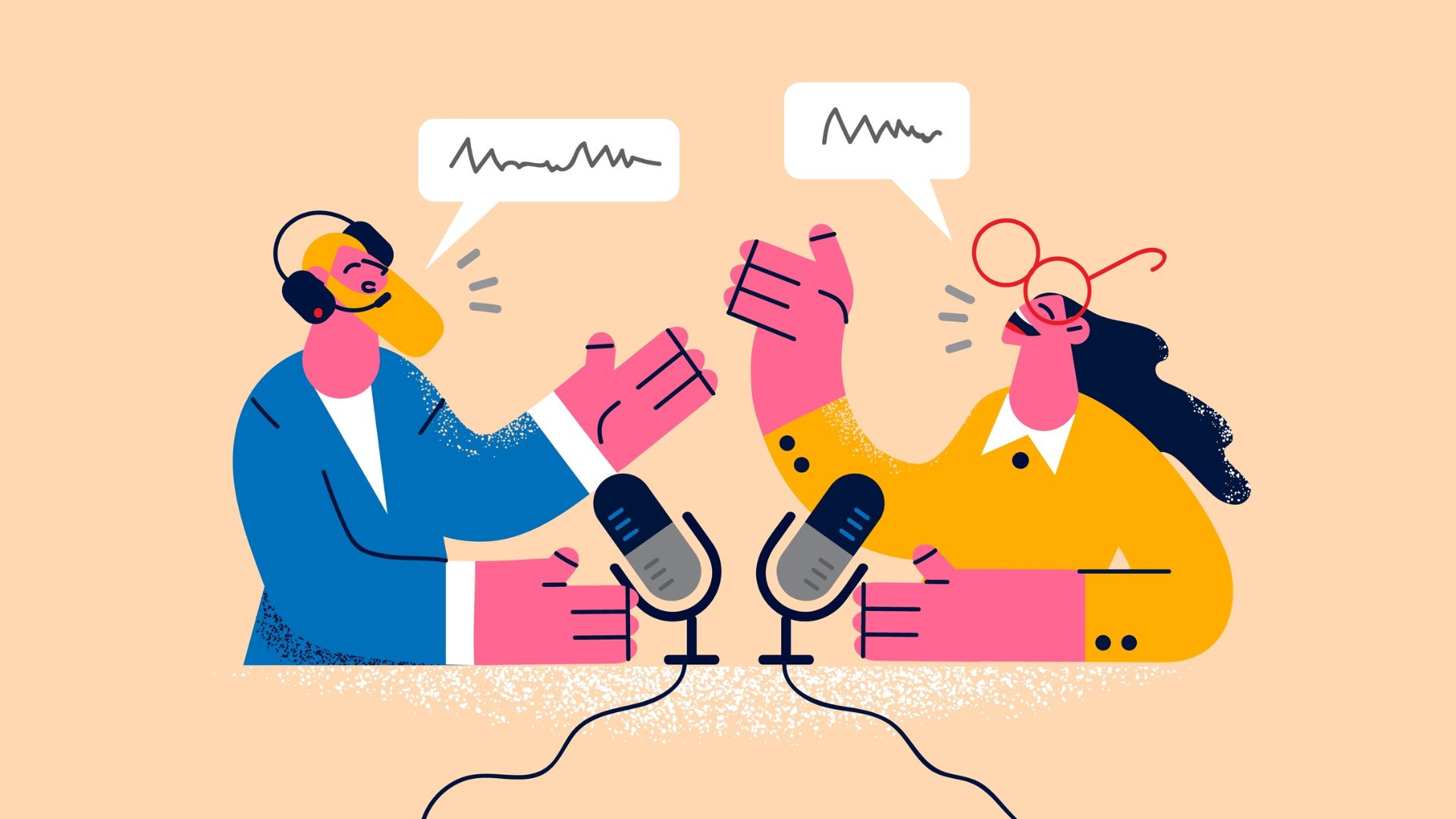 Illustration of two podcasters speaking into microphones, wearing headphones and gesturing with their hands, symbolising a podcast interview or guest conversation.