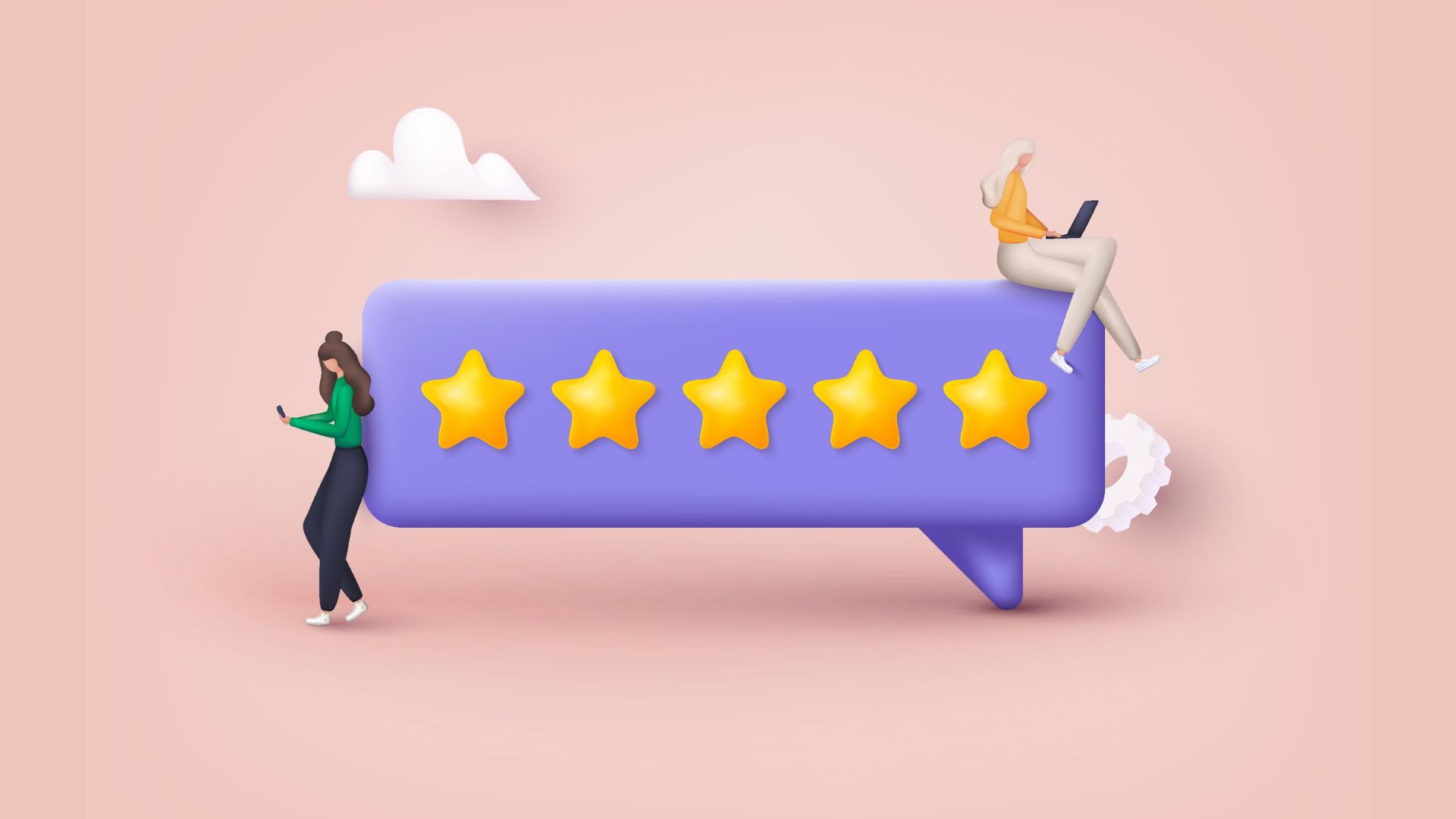 3D illustration of two people interacting with a five-star review graphic on a pink background, representing podcast ratings and reviews as social proof.