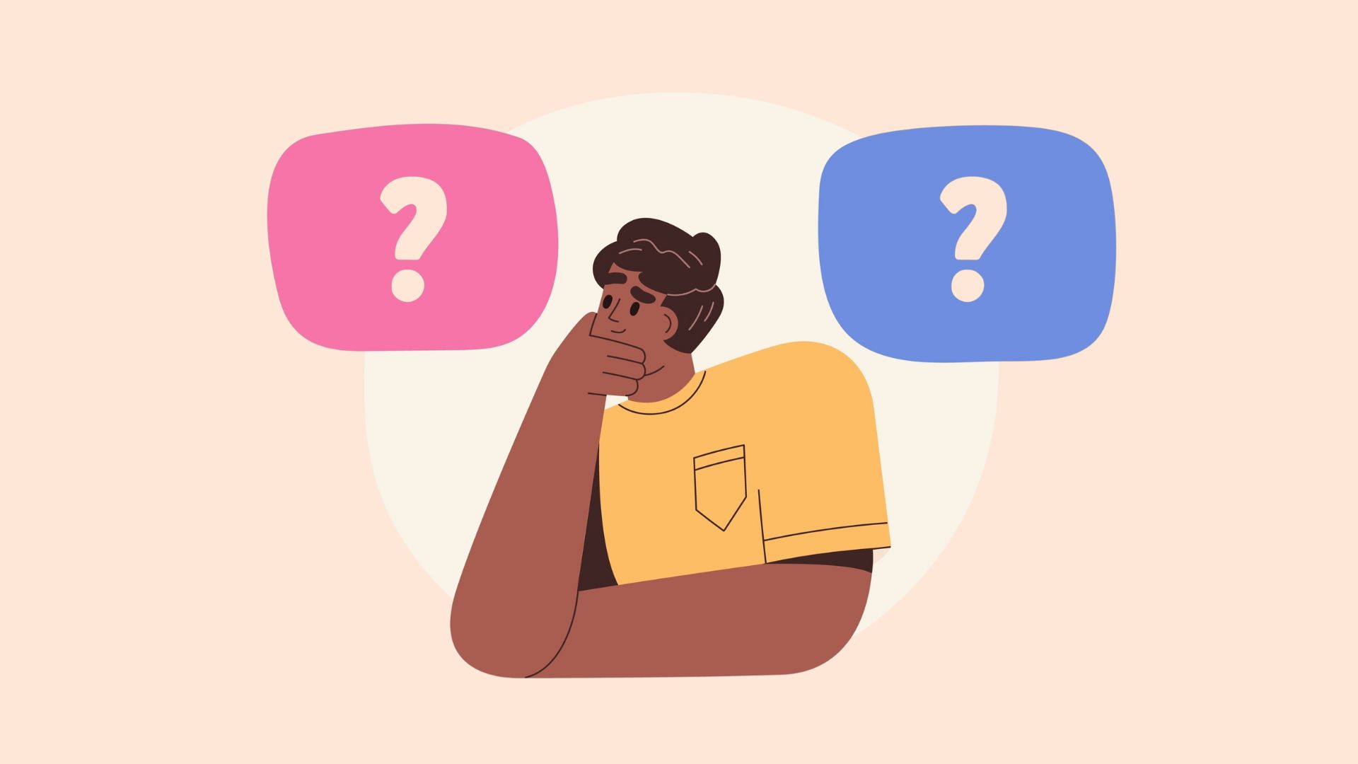 Illustration of a person in a yellow shirt thinking with two floating question marks above their head, representing indecision or uncertainty.