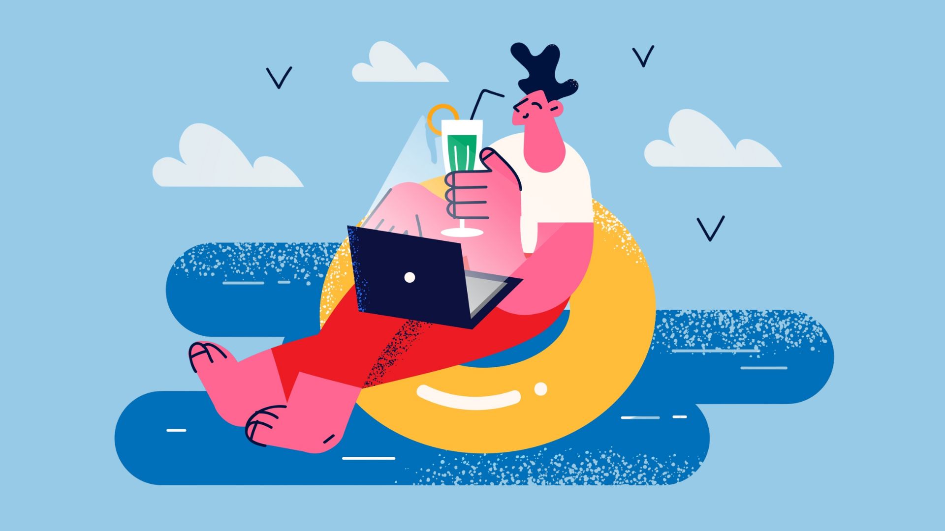 Illustration of a relaxed person sitting on a pool float, holding a cocktail and working on a laptop, symbolising the freedom and ease of outsourcing podcast tasks.