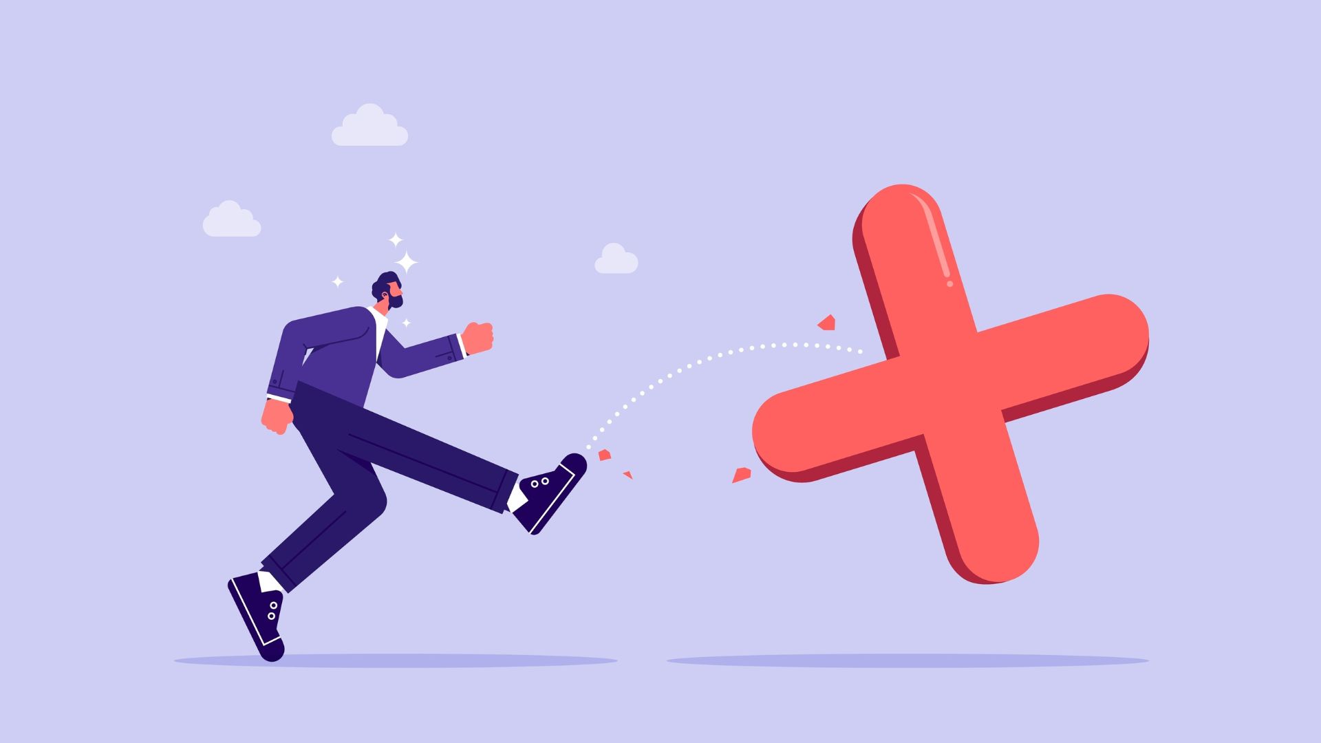 Cartoon figure kicking away a big red X to represent eliminating podcast mistakes and improving your show.