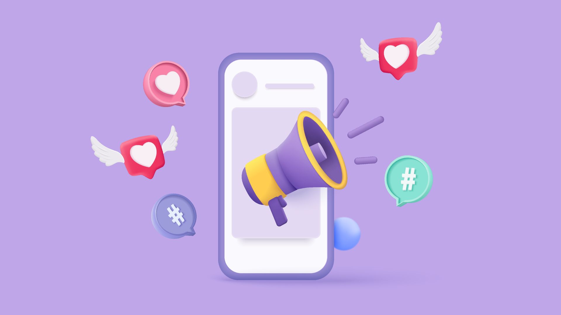 Illustration of a smartphone with a megaphone and floating social media icons, including hearts and hashtags, representing podcast promotion on social media platforms.