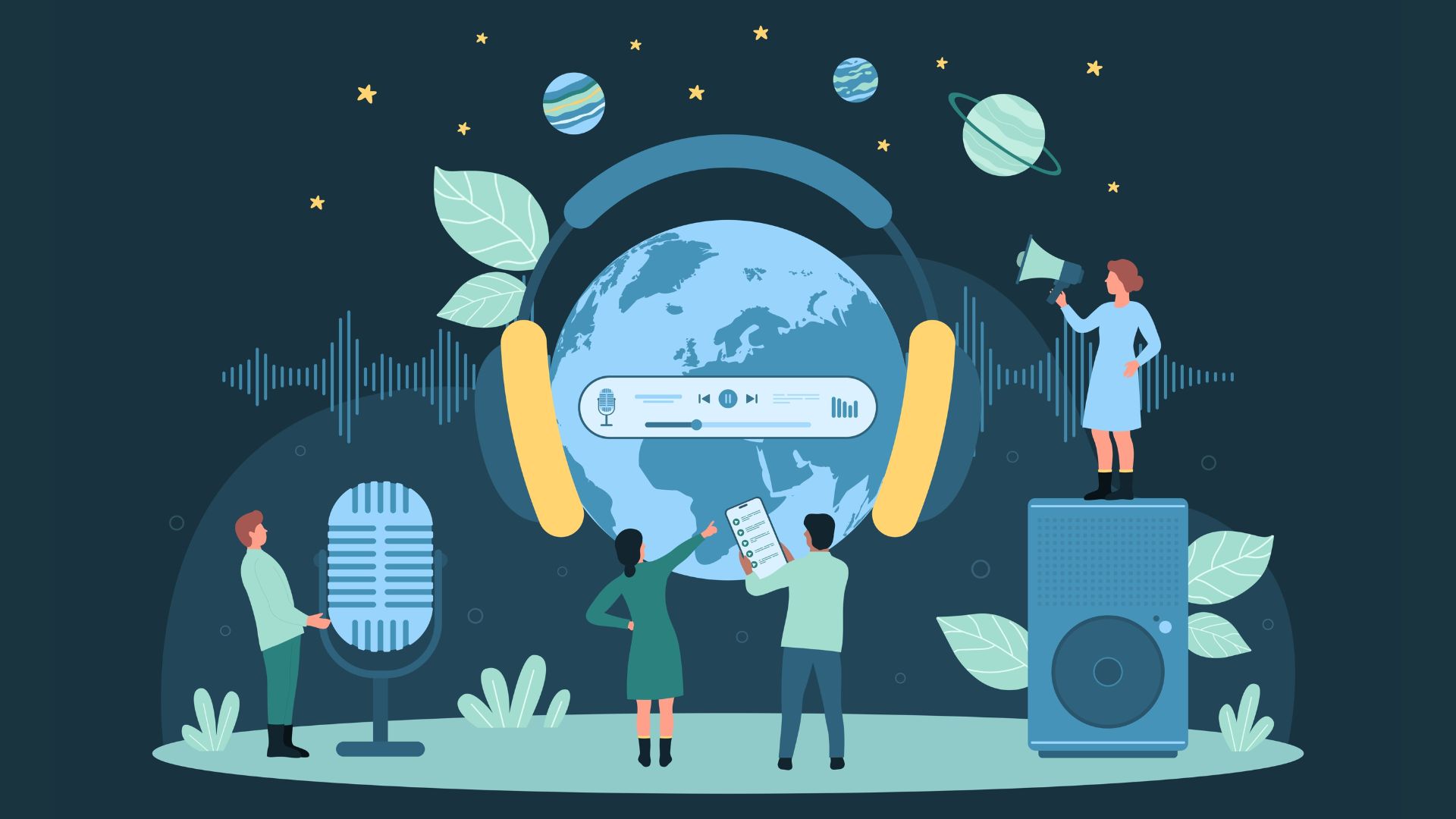 Illustration of global podcasting concept showing people around the world creating and listening to podcasts, with a large microphone, headphones around a globe, and sound wave graphics symbolising international reach.