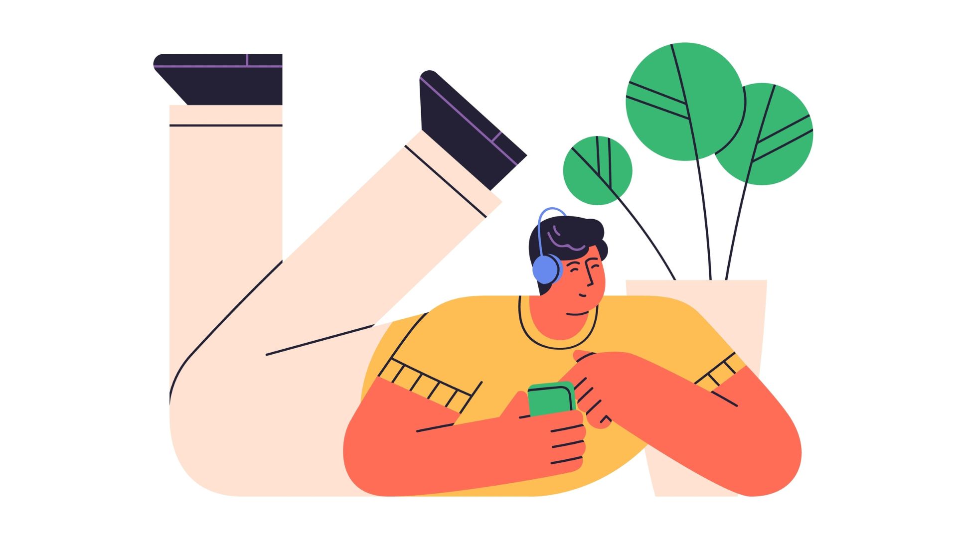 Illustration of a person lying on the floor wearing headphones and listening to something on a smartphone, with a plant in the background.