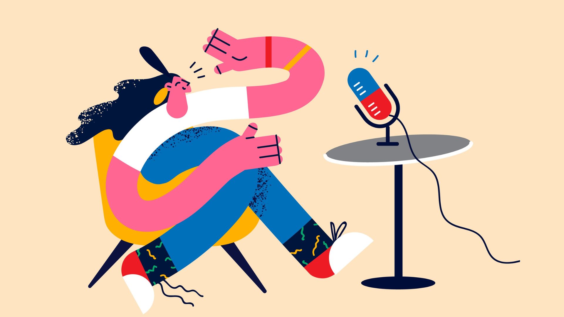 Illustration of a podcaster sitting in a chair, speaking expressively into a colourful microphone on a table, representing the importance of connecting personally with one podcast listener.