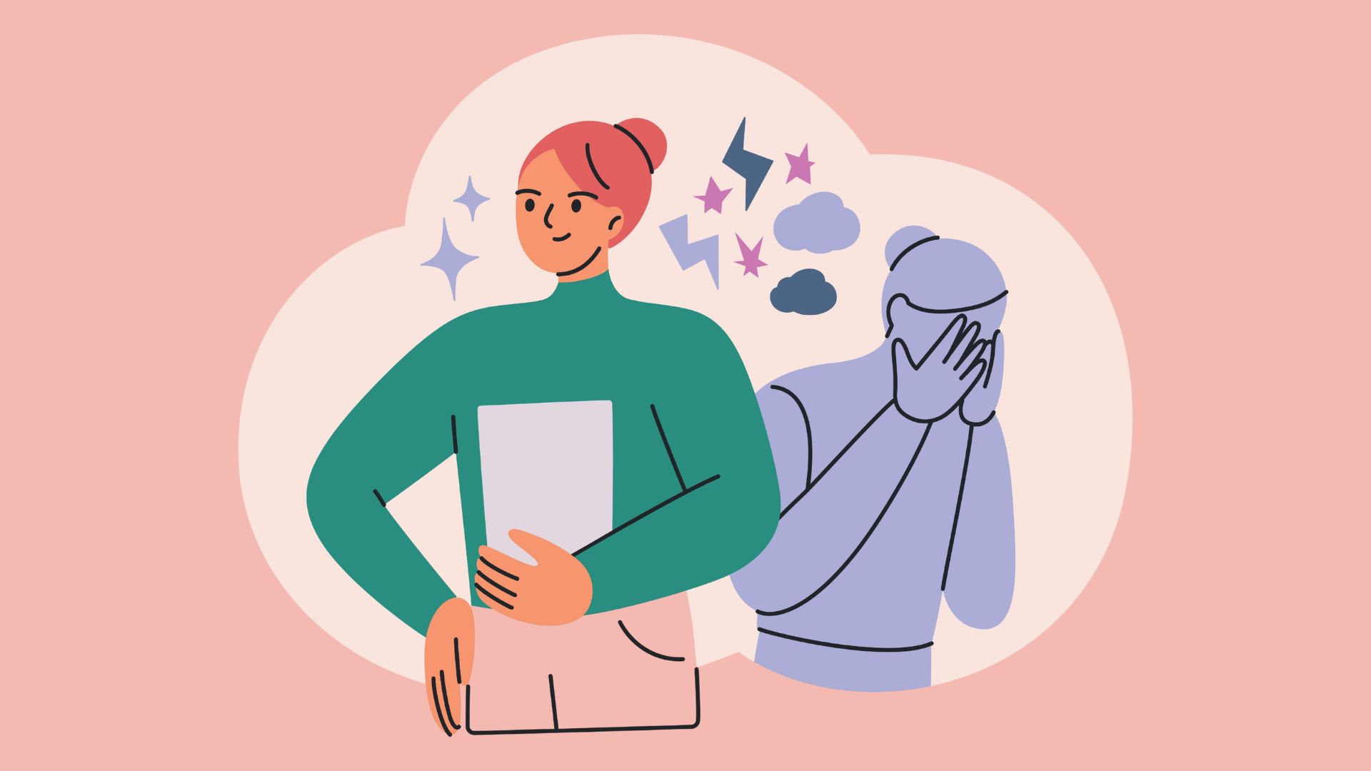 illustration showing confidence and self-doubt while learning podcast presenting and speaking skills