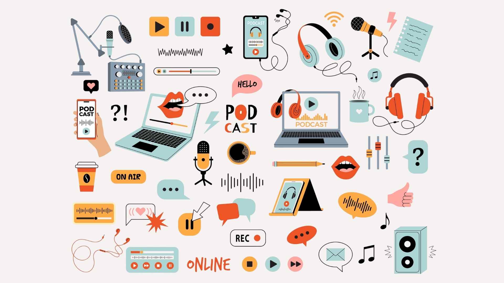 Podcast equipment and production elements like microphones, headphones and editing tools representing visible parts of podcasting